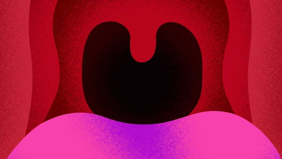 A graphic artist digital drawing of a mouth opening appears in shades of pink, red and black. 