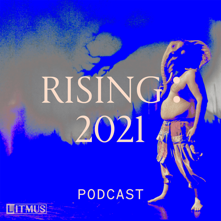 The RISING 2021 PODCAST cover image features a man wearing pants, no top and a realistic Elephant mask with a background of swirling blue and grey colours.