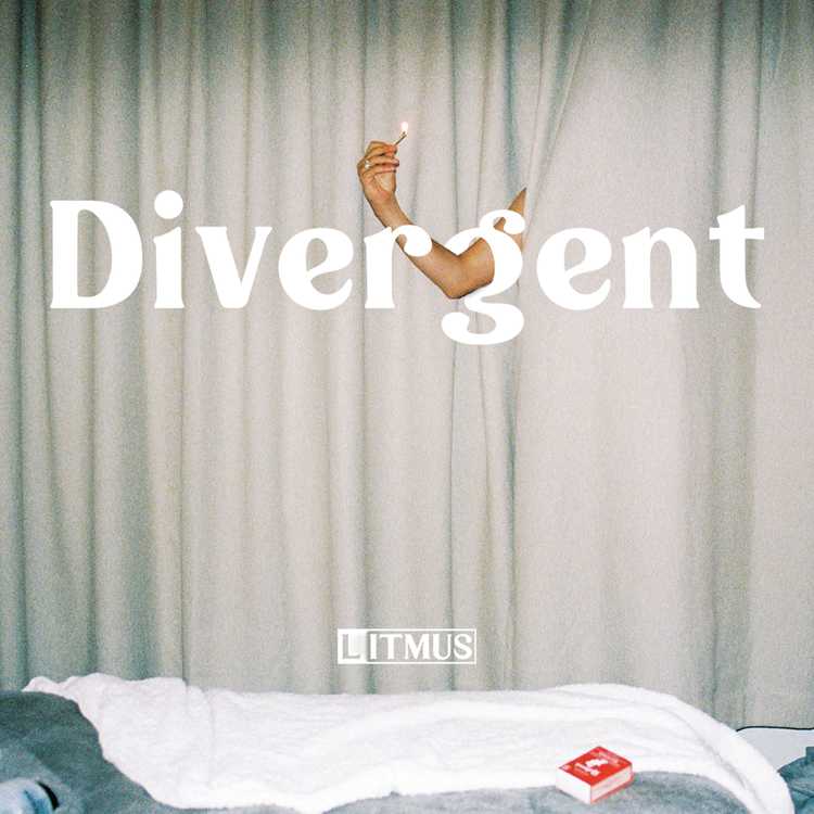 Divergent cover tile, featuring an arm emerging from a heavy cream curtain in a bedroom. The enigmatic arm holds a lit match. We see the matchbox on the bed. the word 'Divergent' sits across the image in white text. 