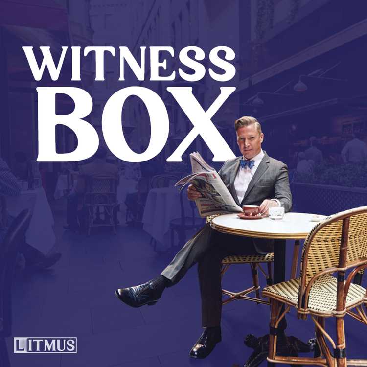 Witness Box cover tile featuring Ian Neil SC sitting at a cafe table holding a newspaper and touching his coffee. The background of the cafe has been edited to have a purple hue over it.